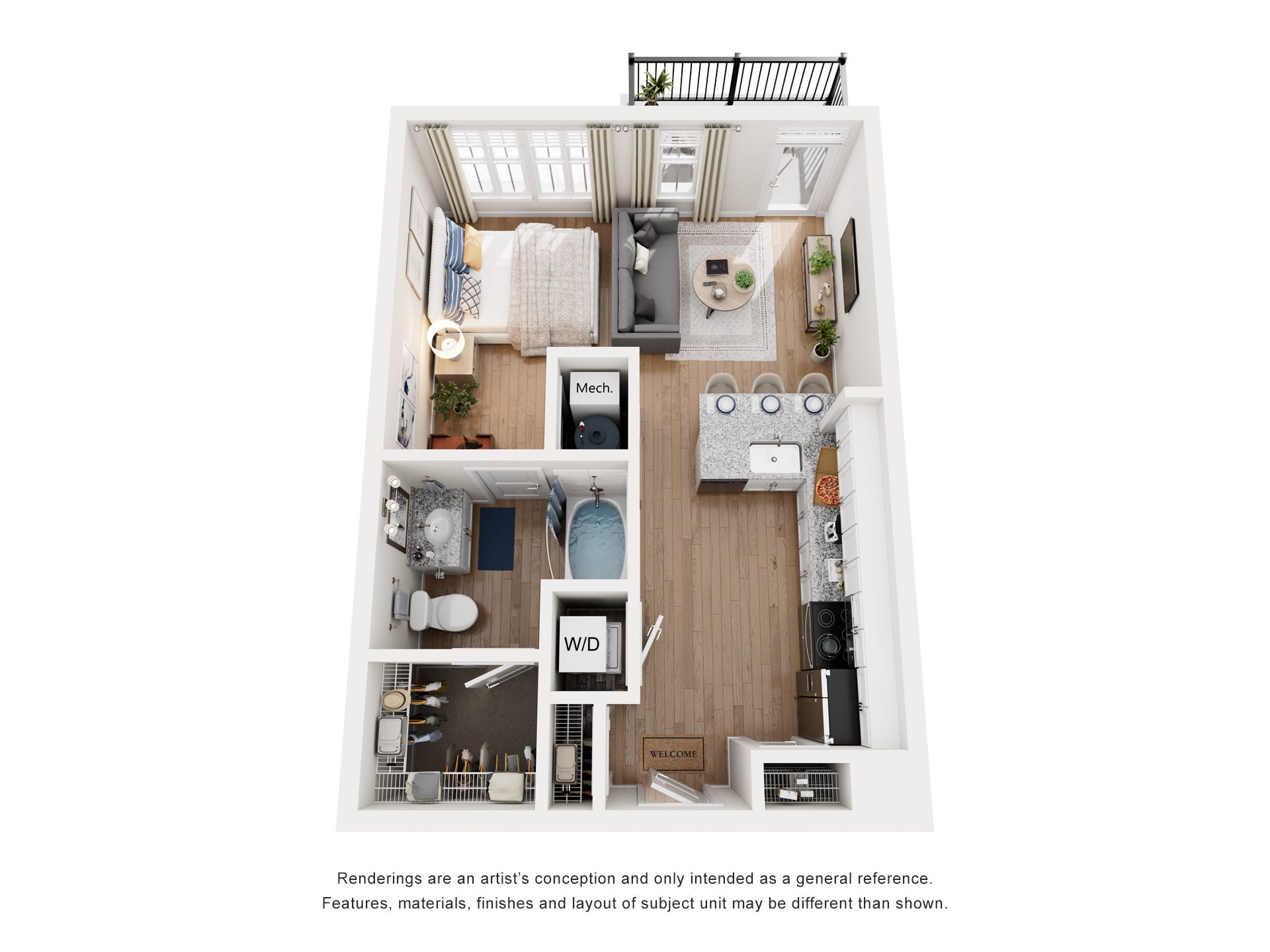 Floor plan for studio, 1 bath, 622 sqft